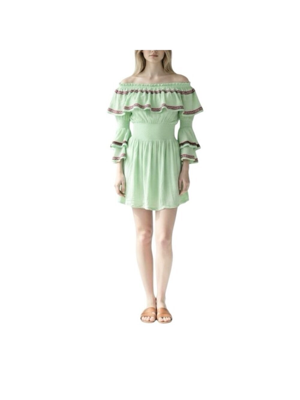 Pitusa Green Off Shoulder Cover Up Dress Size Petite Embroidered Ruffle Sleeves